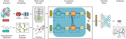 Overview of the CoaDTI multimodal co-attention framework