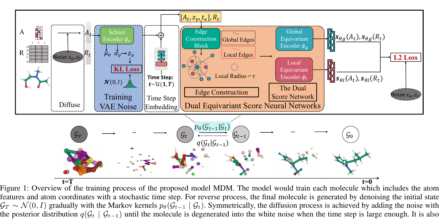 Overview of the MDM molecular diffusion model for 3D molecule generation